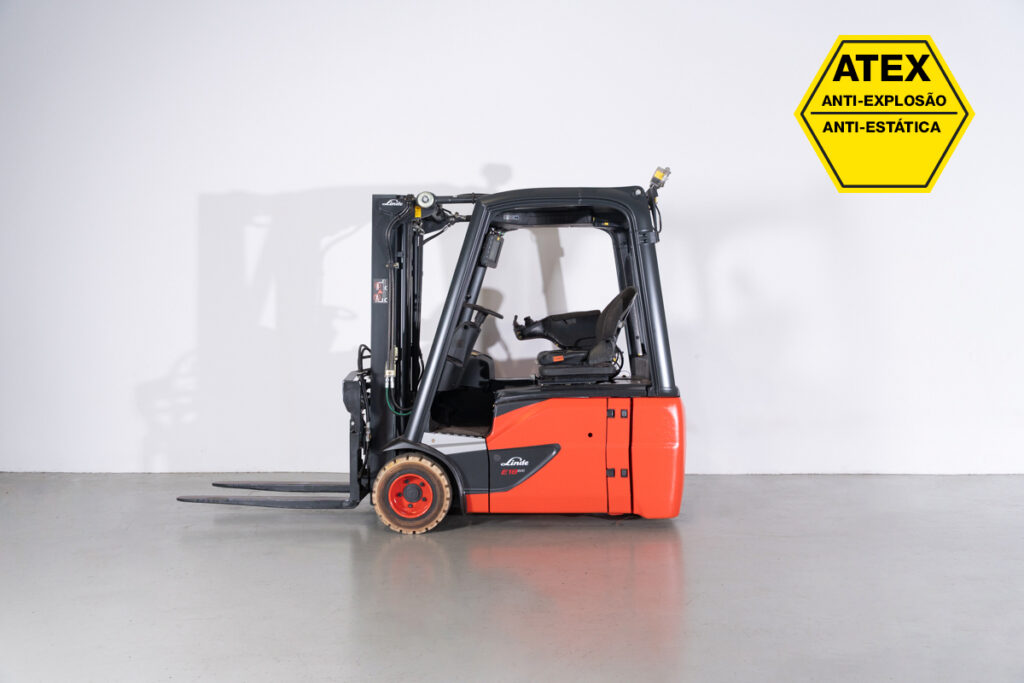 Empilhador Elétrico Usado Linde E18-02_EX com capacidade de 1800kg. Anti-explosão e anti-estática.